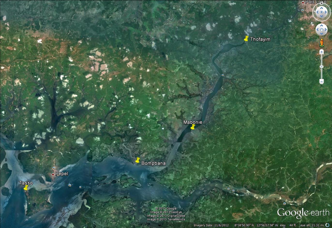 Figure 1: Critical reach of Port Loko river for transport of iron ore to the seaport (Source: Google earth)