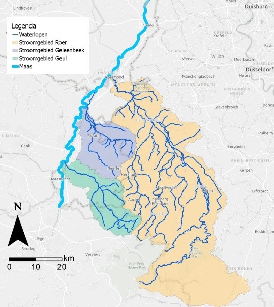 Overzichtskaart van het Nederlandse traject van de Maas en de stroomgebieden van de Roer, Geleenbeek en Geul