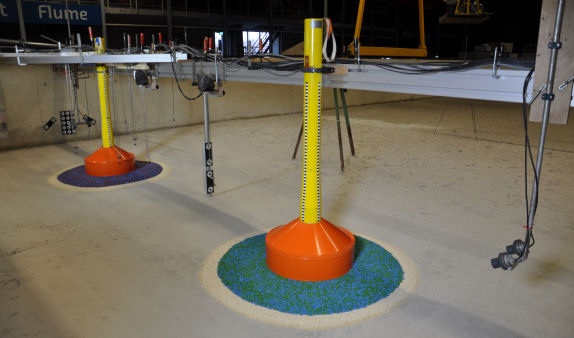 De testopstelling in Deltares’ Atlantic Basin. Een betonnen caisson (in oranje) met een diameter van ruim 30m geeft de stabiliteit aan de stalen funderingspaal (in geel). Twee verschillende bodembeschermingsontwerpen worden gelijktijdig getest.