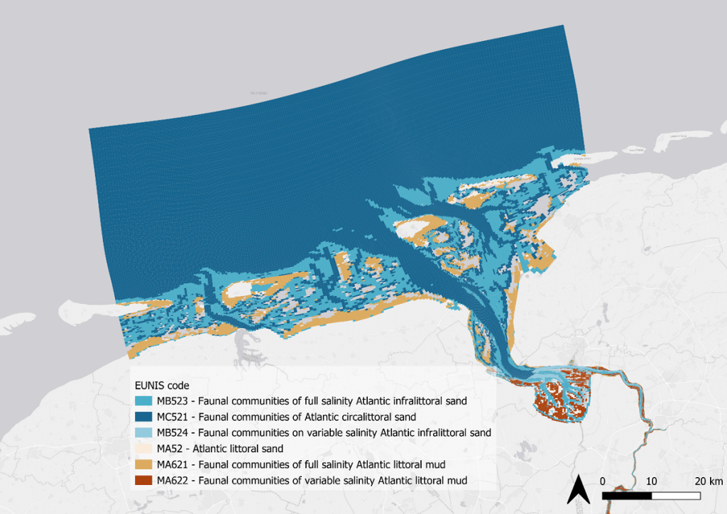 Tentative results of the RESTCOAST project to calculate the EUNIS ecotopes (European marine ecotopes) for the Ems basin based on Delft3D-FM FLOW and D-Morphology modelling results with D-Eco Impact (credits Richard Marijnissen)