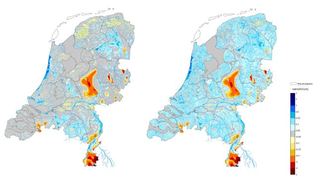 Prognose van het ondiepe grondwater in 2020 ten opzichte van het langjarig gemiddelde bij een gemiddeld neerslagtekort in mei en juni