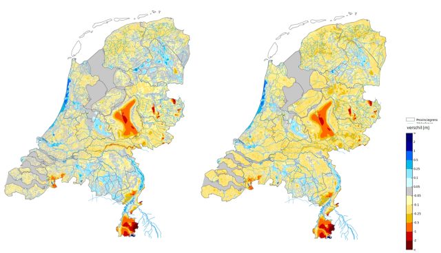 Prognose van het ondiepe grondwater in 2020 ten opzichte van het langjarig gemiddelde bij een hoog neerslagtekort in mei en juni. Links: verschil in grondwaterstand op 1 juni