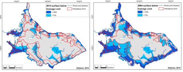 Flooding and drainability issues on the Kampar Peninsula peatlands, currently (LEFT; in 2014) and as projected in 50 years (RIGHT; in 2064). Note that areas below HWL are below river/sea flood levels, whereas areas below FDL suffer from other drainage problems.