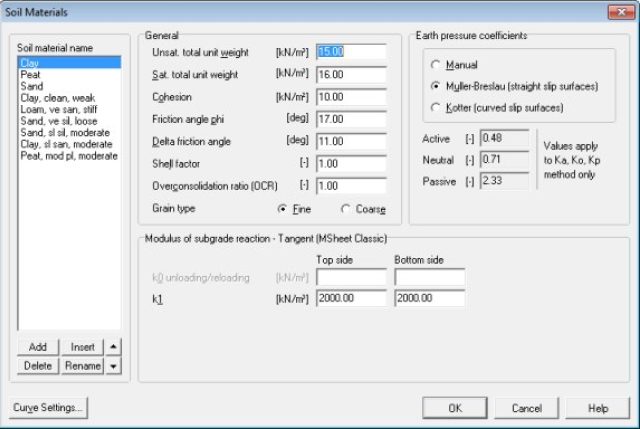 Input window for soil parameters