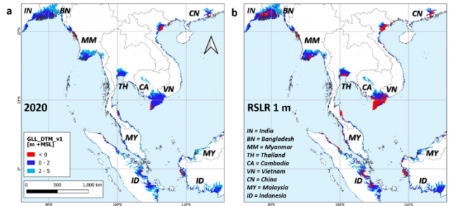 Land elevation near sea level in Southeast Asia
