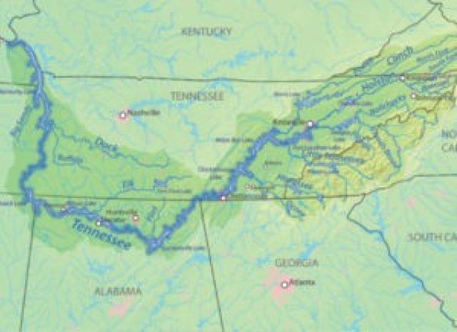 Map of the Tennessee River (left) and aerial picture of the Sequoyah Power Plant along the Tennessee River (right). source: TVA