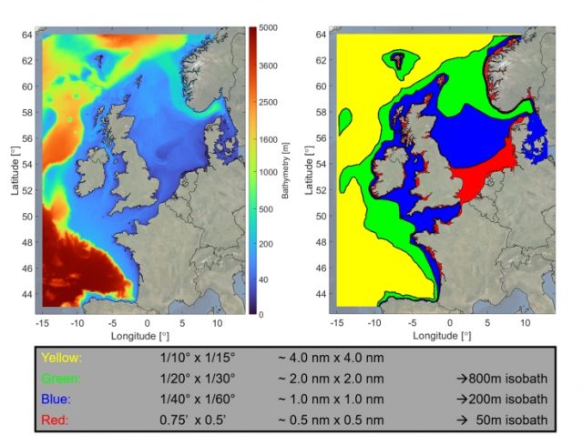 Model bathymetry and grid resolution of the 3D DCSM-FM