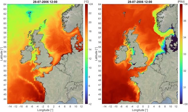 Surface temperature and salinity calculated by the 3D DCSM-FM