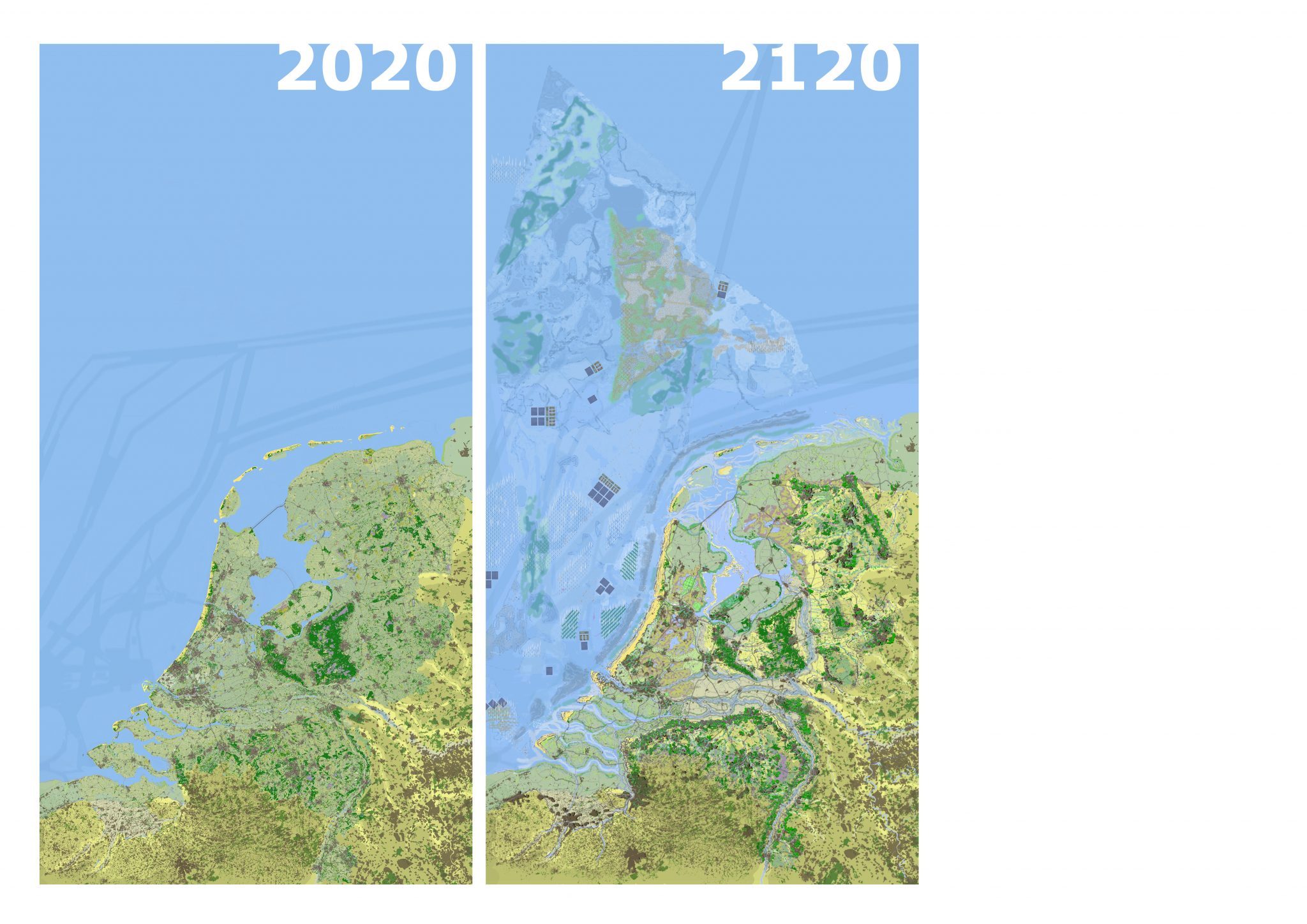 Kaart van Nederland met Nederland in 2120 met mogelijke Nature- based Solutions.