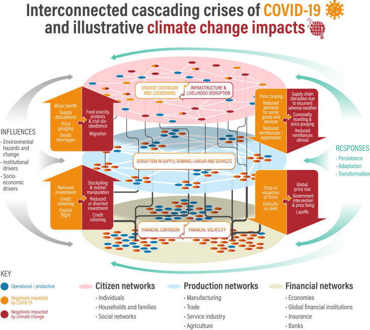 Interconnected cascading crises of COVID-19 and illustrative climate change impacts